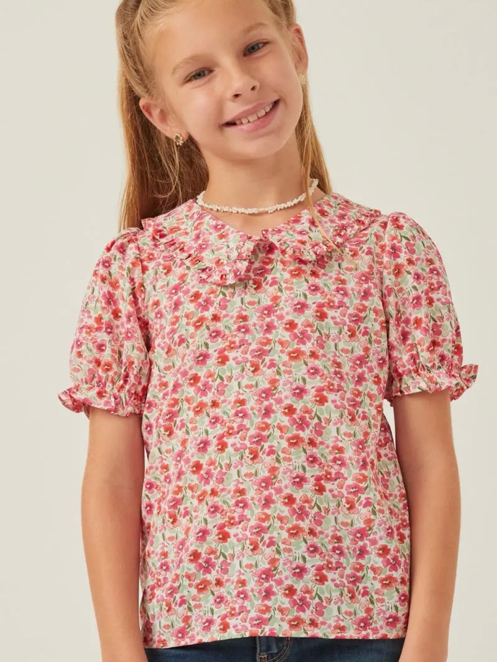Hayden LA Girls Pink Floral Ruffle-Collar Blouse